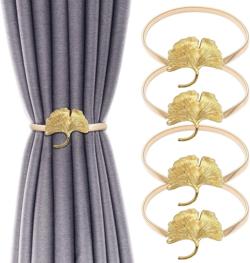 LLPMutu 4Pack Aluminum Alloy Spring Design Curtain Tiebacks - Leaf Carving Design Curtain Ties for Drapes - Modern Style Holdbacks (Gold Ginkgo) - Image 1
